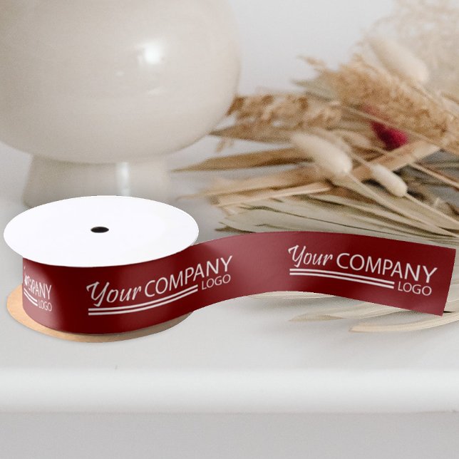 Ruban En Satin Burgundy, White Business Logo Marqué Cadeau Ruban (branded promotional burgundy red gift ribbon with logo pattern)