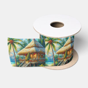 Ruban En Satin Cabane Tropicale Noël Palm Tree Beach Lumières