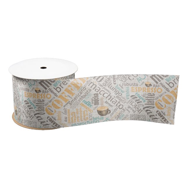Ruban En Satin Café sur Burlap Word Cloud Turquoise ID283 (Bobine)