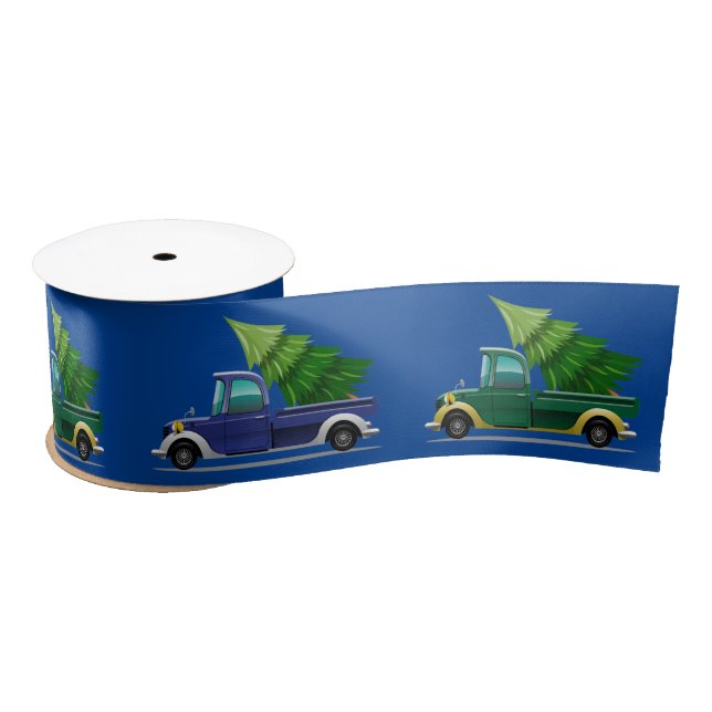 Ruban En Satin Camion bleu et vert de Noël avec arbre (Bobine)