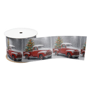 Ruban En Satin Camionnette Rétro Rouge Avec Sapin de Noël