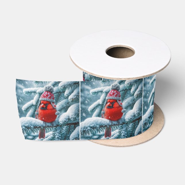Ruban En Satin Cardinal Bird Portant un Casquette d'hiver (Bobine)