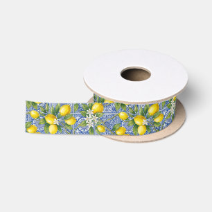 Ruban En Satin Carreau bleu français rayé jaune citron