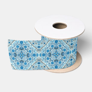 Ruban En Satin Carreaux à fleurs bleus