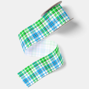 Ruban En Satin Carreaux Bleus Et Verts Tartan Blanc
