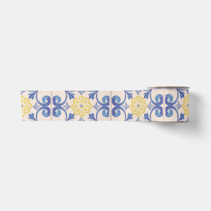 Ruban En Satin Carreaux jaunes blancs bleus méditerranéens