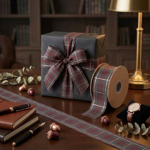 Ruban En Satin Carreaux Tartan Rouge et Gris Classique