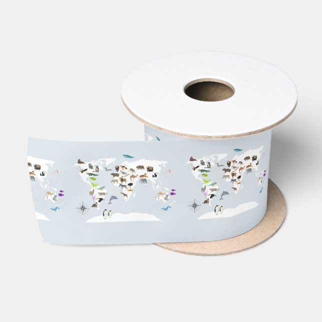 Ruban En Satin Carte du monde pour enfants Animaux (Bobine)