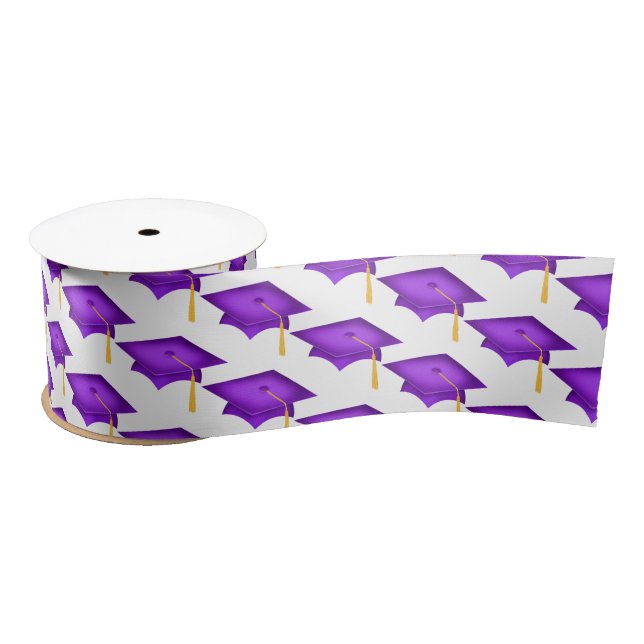 Ruban En Satin Casquettes de graduation violette sur blanc (Bobine)