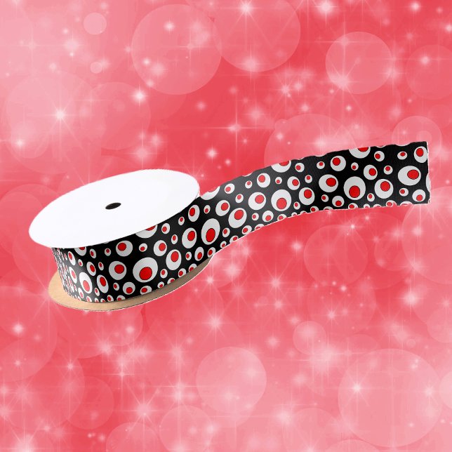 Ruban En Satin Cercles blancs rouges Cool géométriques Abstraits (Abstract design white and red bold circles on black roll of gift or craft ribbon.)