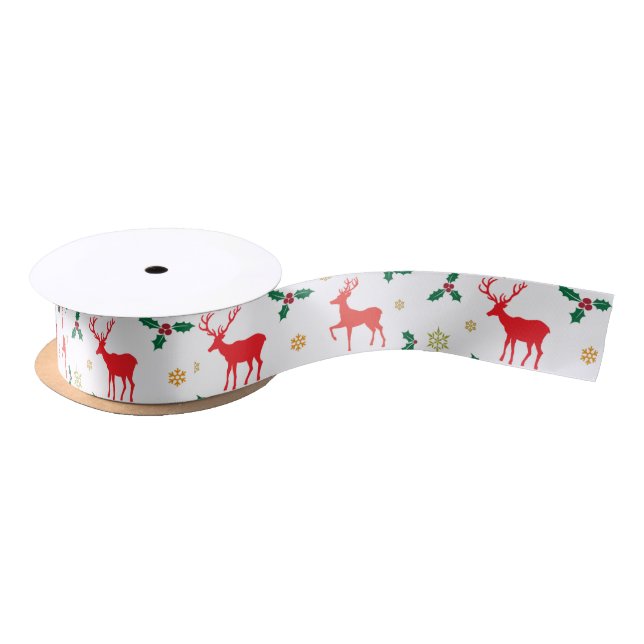 Ruban En Satin Cerf de Noël rouge et blanc 1,5 pouces (Bobine)