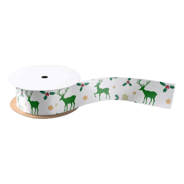 Ruban En Satin Cerf de Noël vert et blanc 1,5 pouces Satin (Bobine)