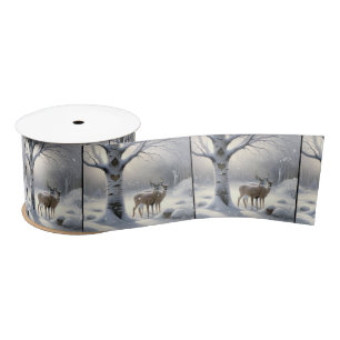 Ruban En Satin Cerf D'Hiver Avec Coeur Sur Birch Tree
