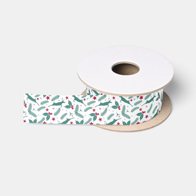 Ruban En Satin Cerfs de Noël & motif Holly (Bobine)