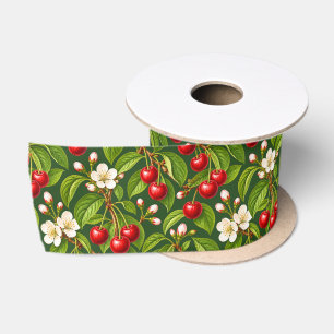 Ruban En Satin Cerises rouges botaniques et fleurs blanches