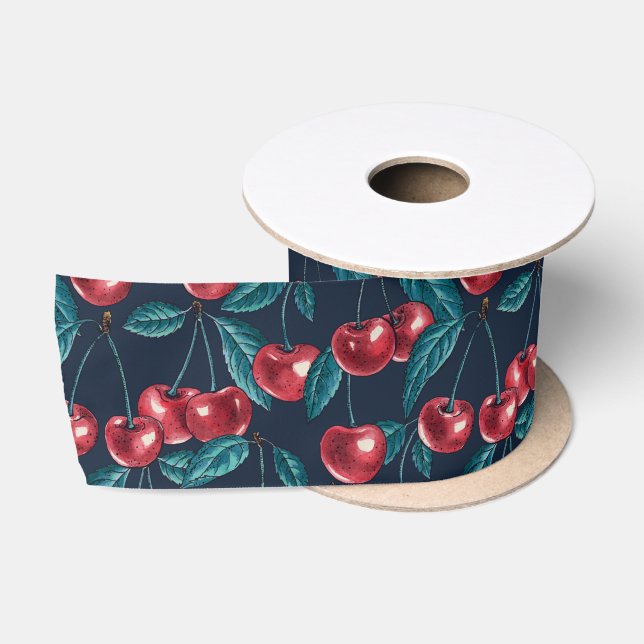 Ruban En Satin Cerises rouges sur bleu foncé (Bobine)