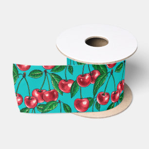 Ruban En Satin Cerises rouges sur turquoise