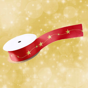 Ruban En Satin Chaîne Shiny Gold Twinkle Stars sur Rouge Vibrant