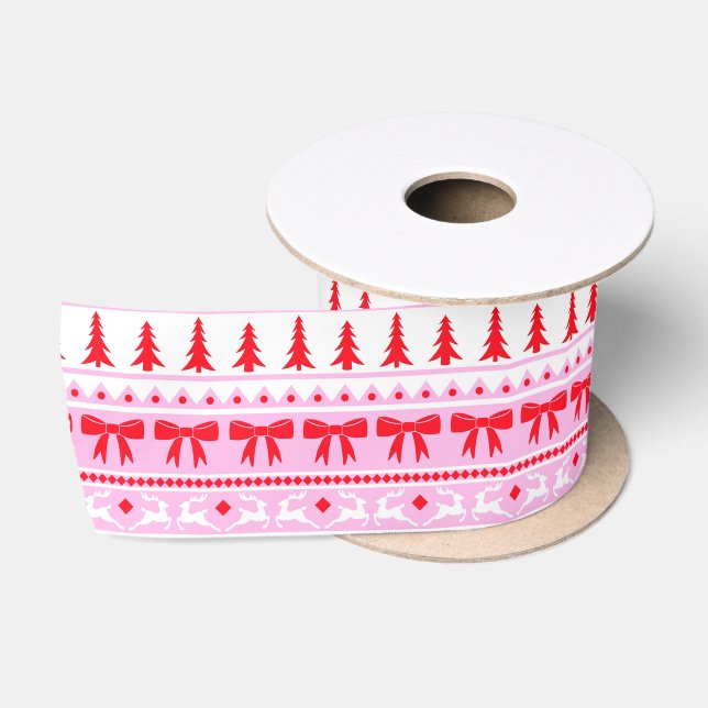 Ruban En Satin Chandail de Noël avec vaches, rennes, arbres (Bobine)