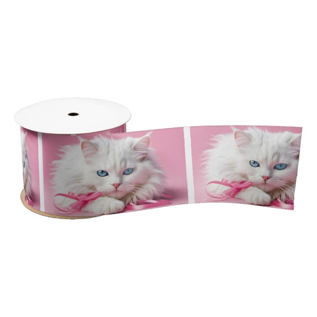 Ruban En Satin Chat Blanc Avec Rubans Roses (Bobine)