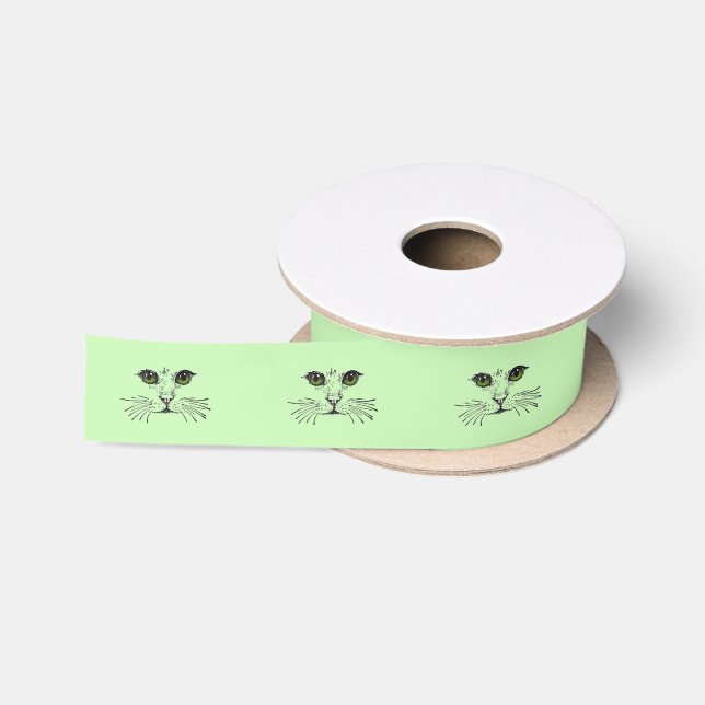 Ruban En Satin Chat Face Vert Yeux Whiskers (Bobine)