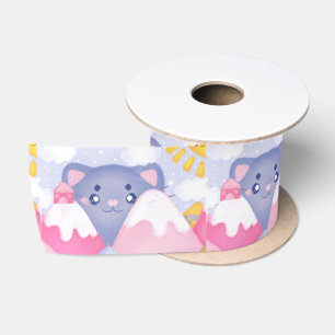 Ruban En Satin Chat Whimsical et Montagnes d'hiver avec un soleil