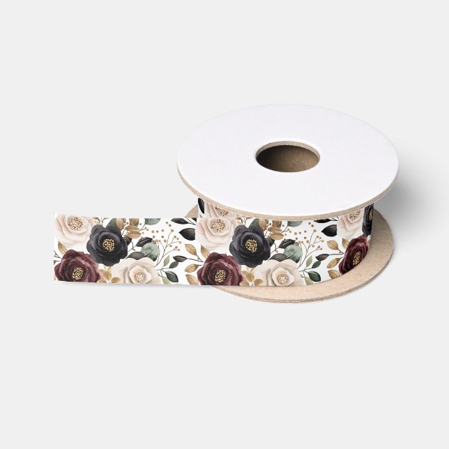 Ruban En Satin Chic Bourgogne Crème Floral Mariage (Bobine)