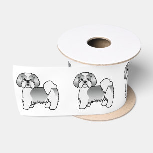 Ruban En Satin Chien de dessin animé mignon Lhasa Apso argent et 