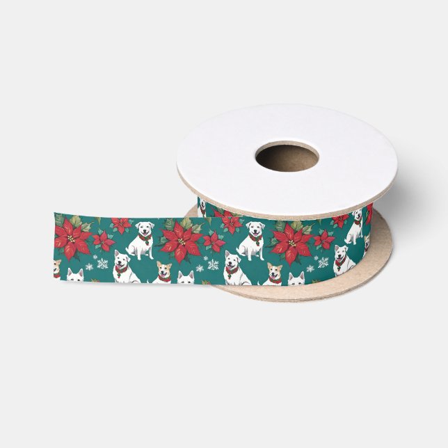 Ruban En Satin Chiens De Noël Et Poinsettias Blanches (Bobine)