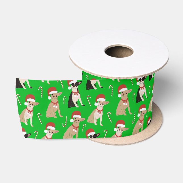 Ruban En Satin Chihuahua Santa Hat Sucre de canne vert Noël (Bobine)