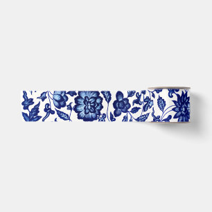 Ruban En Satin Chinois bleu marine foncé motif floral sur blanc