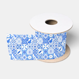 Ruban En Satin Chinoiserie bleu et blanc antique Motif de chat