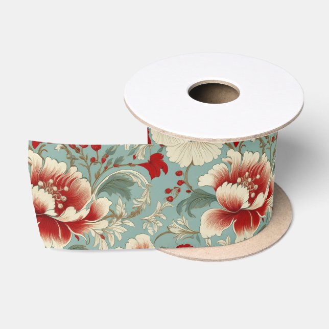 Ruban En Satin Chinoiserie florale rouge, crème et verte (Bobine)