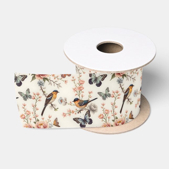 Ruban En Satin Chinoiserie Harmonie des oiseaux et des papillons (Bobine)