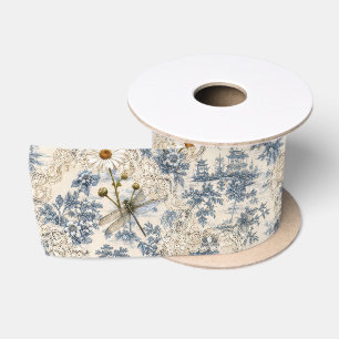 Ruban En Satin Chinoiserie Libellules, Dentelle et Marguerites
