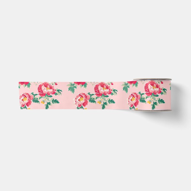 Ruban En Satin Chinoiserie rose et rouge (Devant)