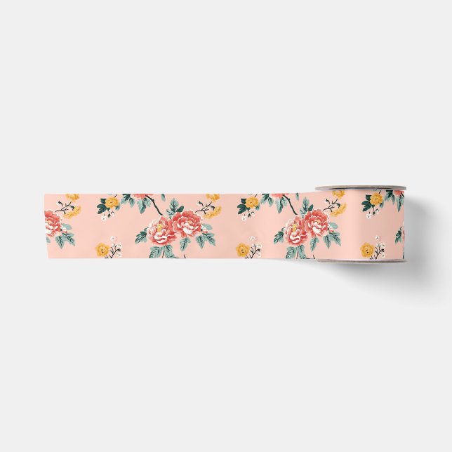 Ruban En Satin Chinoiserie rose pâle Floral (Devant)