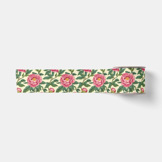 Ruban En Satin Chinoiserie rose, verte et jaune Florale (Devant)