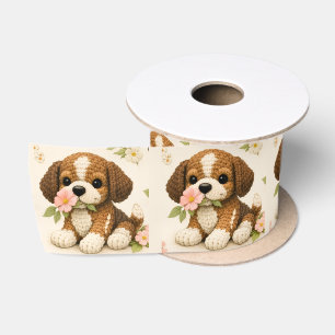 Ruban En Satin Chiot tricoté adorable avec des fleurs