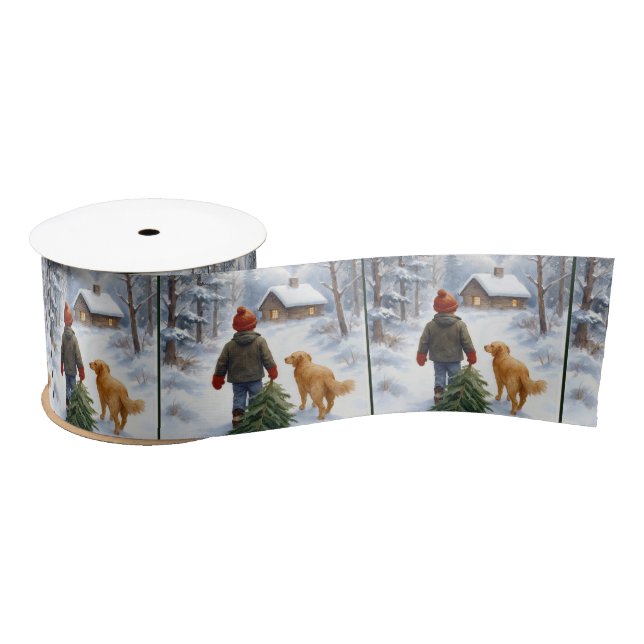 Ruban En Satin Christmas Boy Dragging an Evergreen Tree Home (Bobine)