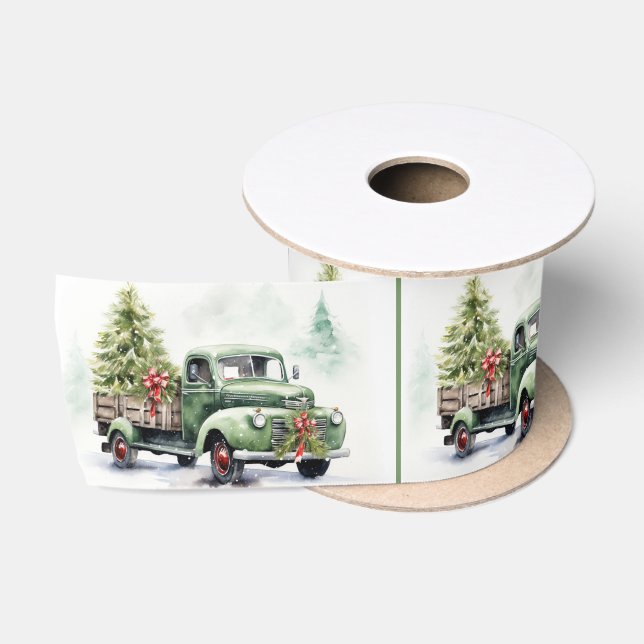 Ruban En Satin Christmas Green Retro Truck With Tree (Bobine)