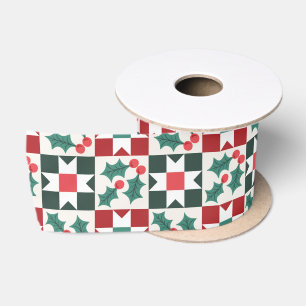 Ruban En Satin Christmas Holly Feuille Geo Quilt