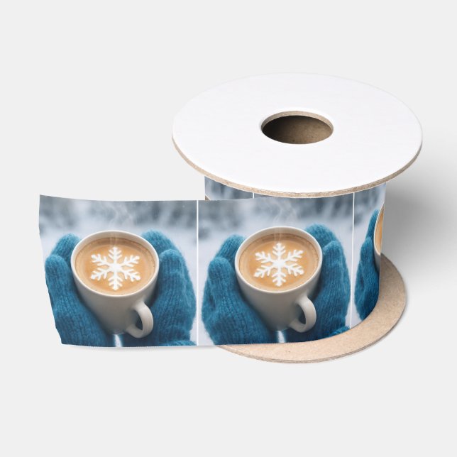 Ruban En Satin Christmas Winter Coffee With Mittens and Snowflake (Bobine)