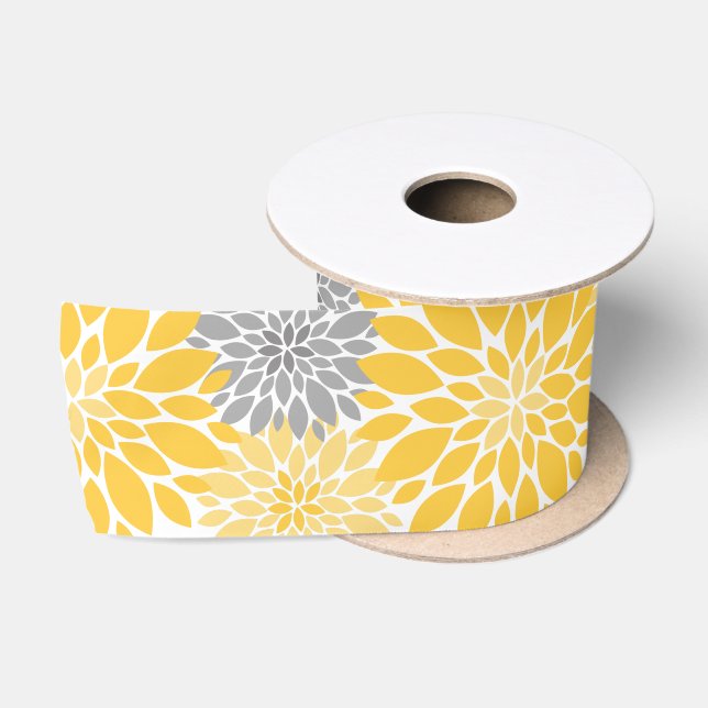 Ruban En Satin Chrysanthèmes jaunes et gris Motif floral (Bobine)