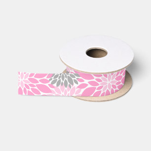 Ruban En Satin Chrysanthèmes roses et gris Motif floral