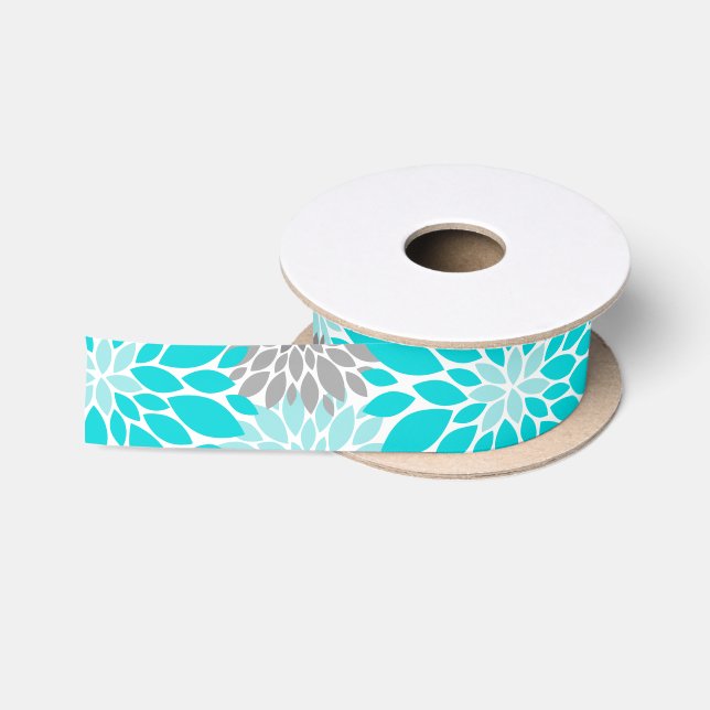 Ruban En Satin Chrysanthèmes turquoise et gris Motif floral (Bobine)