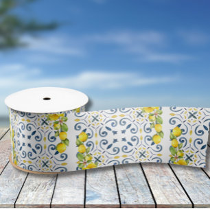 Ruban En Satin Citron sur Carreaux Bleus Baby Shower de Mariée