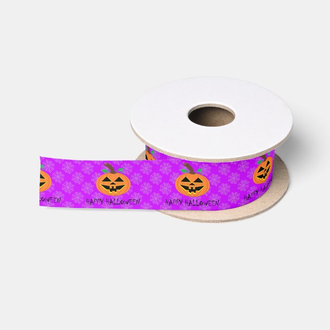 Ruban En Satin Citrouille d'Halloween sur ruban satin violet (Bobine)