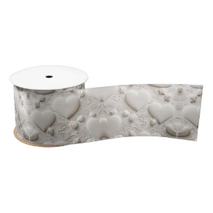 Ruban En Satin Coeurs Blancs (Aspect Embossé)