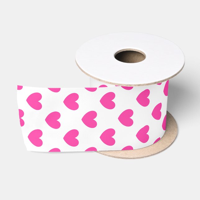 Ruban En Satin Coeurs de polka rose Fuchsia sur blanc (Bobine)
